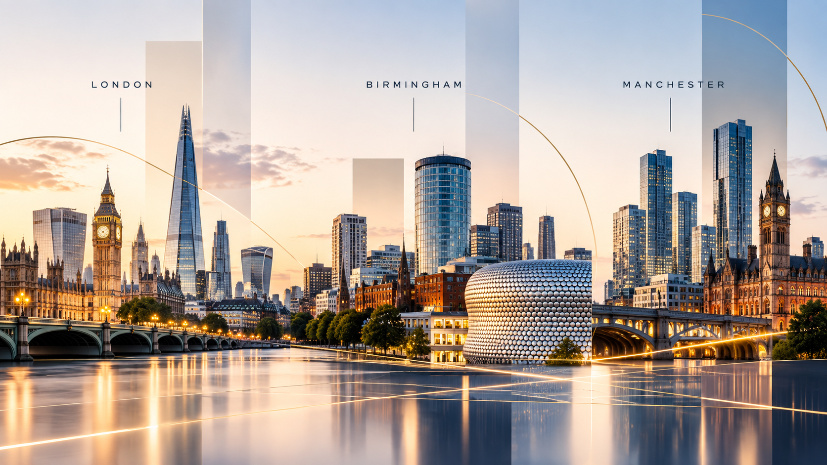 Modern composite skyline representing London, Birmingham and Manchester